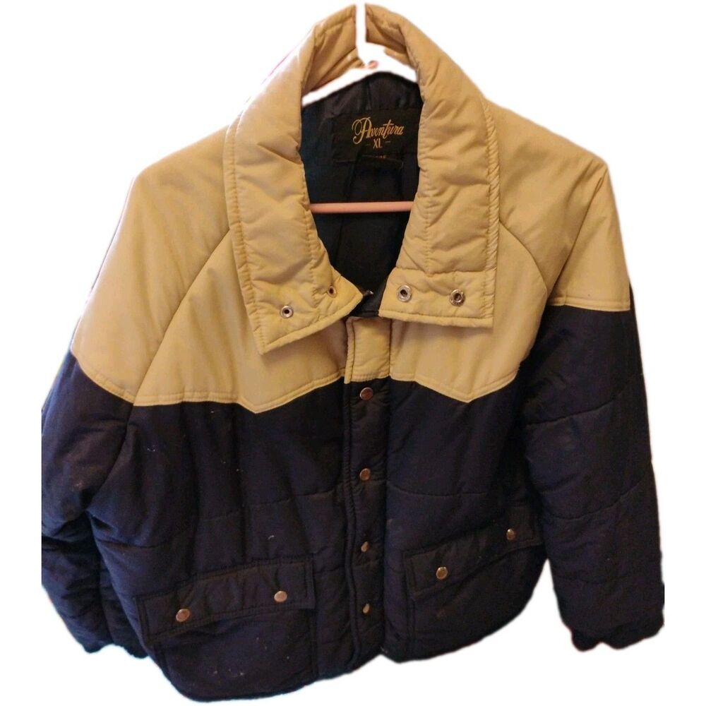 Vintage Aventura Puffer Jacket Mens XL Western Colorblock Tan Navy Snap Quilted